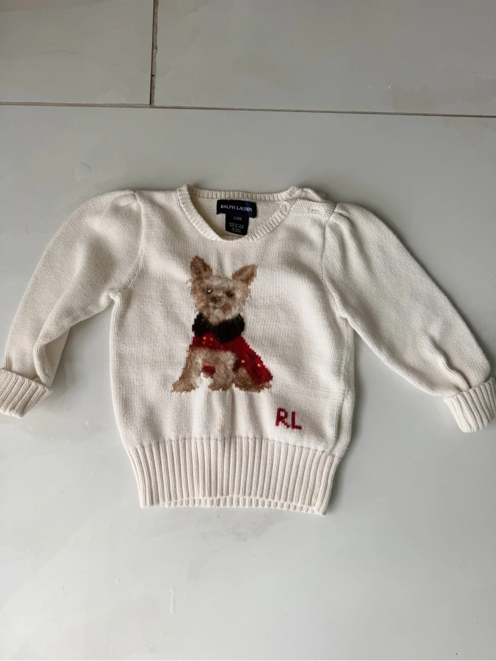 Ralph Lauren Cream Knit Sweater with Dog Motif and Red Accent